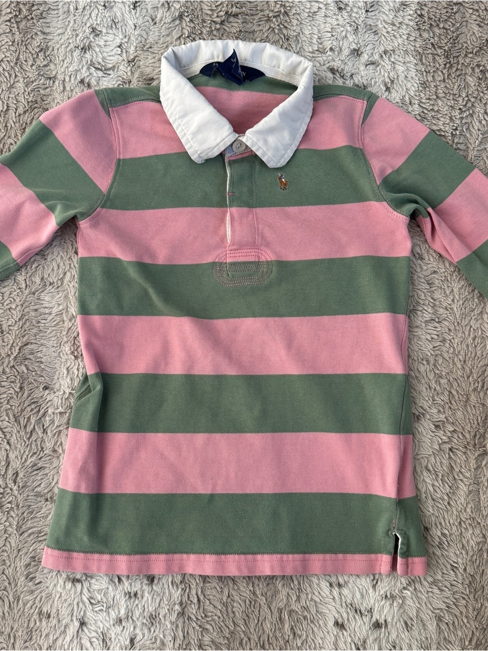 Ralph Lauren Pink & Green Striped Rugby Polo with White Collar